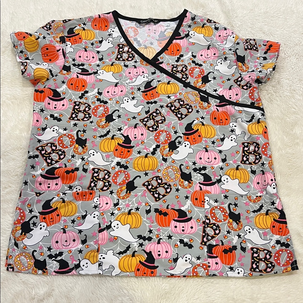 Halloween Themed Scrubs Medical top with Pumpkin Ghost Print size medium